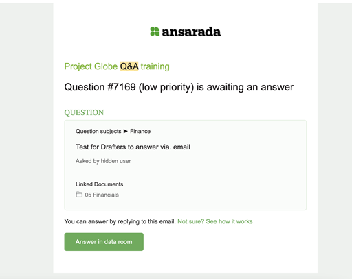 Ansarada email with visibility into Q&A and reporting