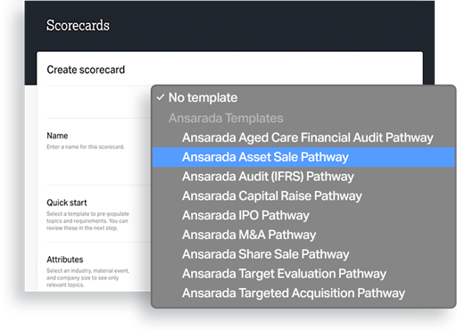 Product shot of Pathway 'Ansarada Asset Sale Pathway is selected'