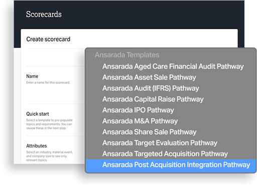 Scorecard UI 'Ansarada Post Acquisition Integration pathway selected'