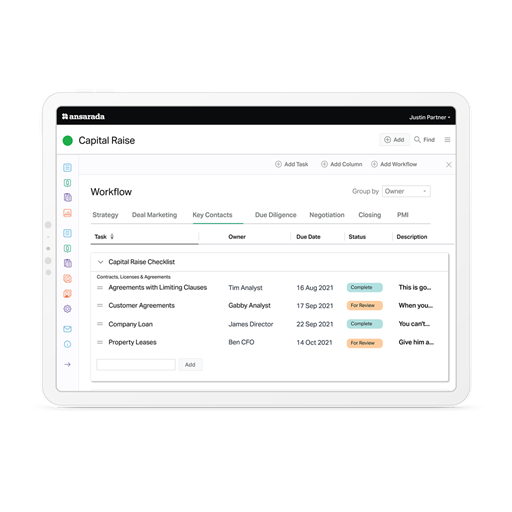 UI of Capital Raise Workflow