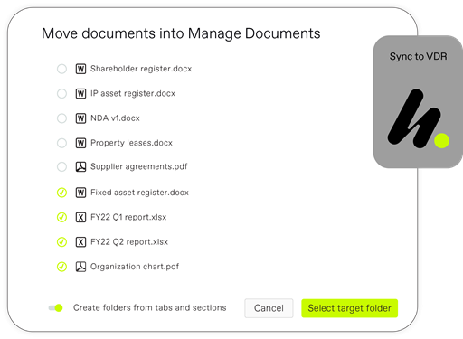 Move document seamlessly into the virtual data room